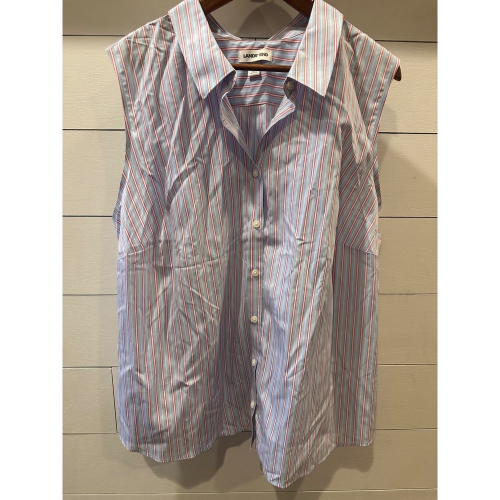 Lands End Womens 3X Sleeveless No Iron Button Down Shirt Blue Red Striped Cotton